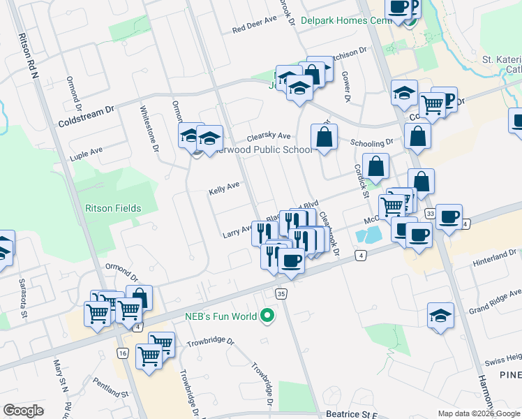 map of restaurants, bars, coffee shops, grocery stores, and more near 1545 Greenvalley Trail in Oshawa