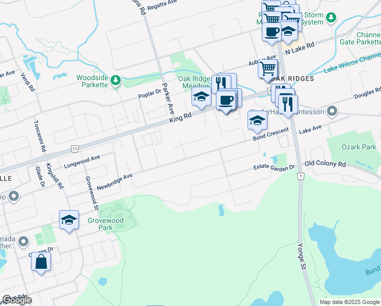 map of restaurants, bars, coffee shops, grocery stores, and more near 64 Bond Crescent in Richmond Hill