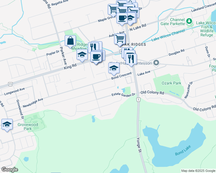 map of restaurants, bars, coffee shops, grocery stores, and more near 140 Timber Valley Avenue in Richmond Hill