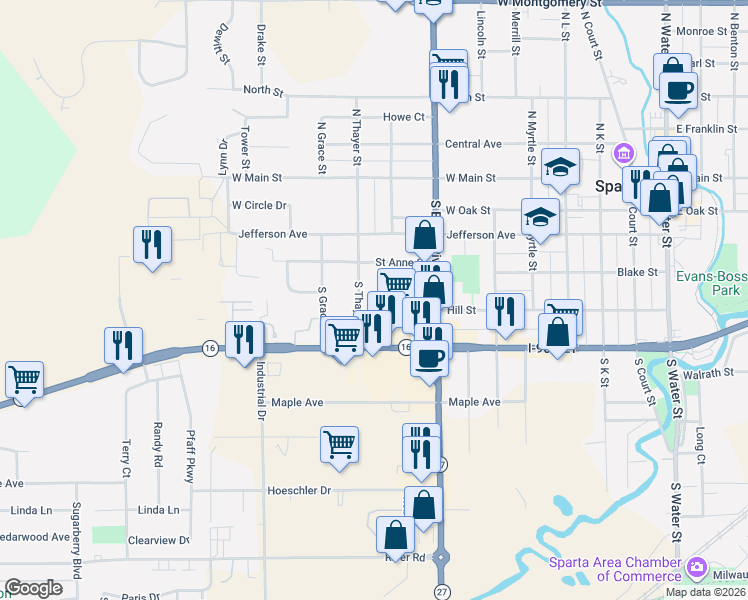 map of restaurants, bars, coffee shops, grocery stores, and more near 417 South Thayer Street in Sparta