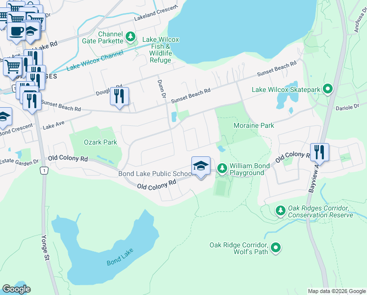 map of restaurants, bars, coffee shops, grocery stores, and more near 32 Bel Canto Crescent in Richmond Hill