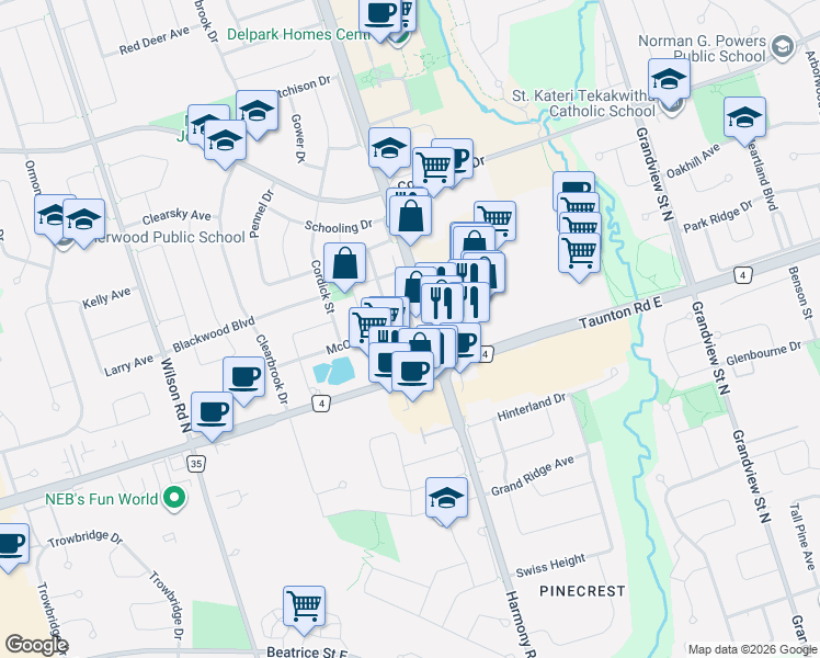 map of restaurants, bars, coffee shops, grocery stores, and more near 1392 Coral Springs Path in Oshawa