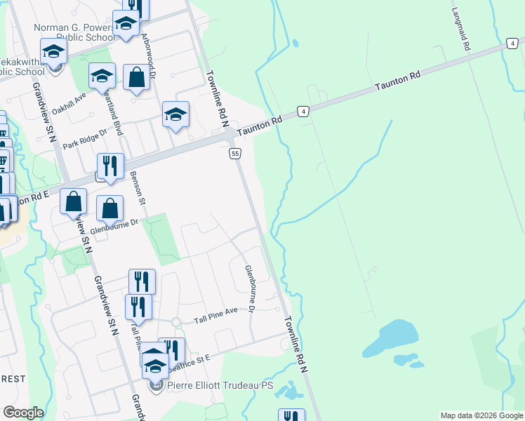 map of restaurants, bars, coffee shops, grocery stores, and more near 1283 Townline Road North in Oshawa