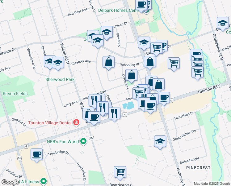 map of restaurants, bars, coffee shops, grocery stores, and more near 1418 Livesey Drive in Oshawa