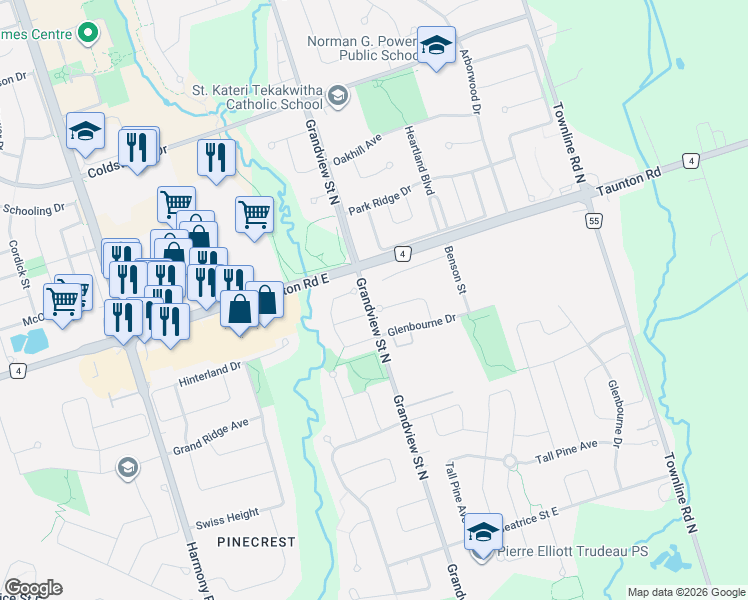 map of restaurants, bars, coffee shops, grocery stores, and more near 1316 MacInally Court in Oshawa