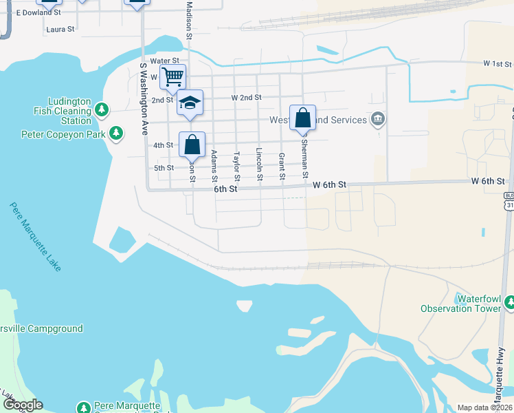 map of restaurants, bars, coffee shops, grocery stores, and more near 509 7th Street in Ludington