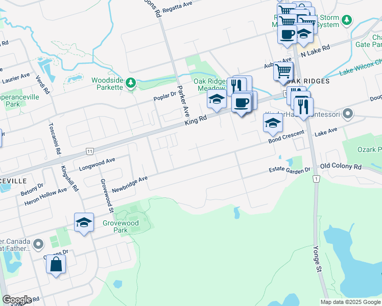 map of restaurants, bars, coffee shops, grocery stores, and more near 74 Bond Crescent in Richmond Hill