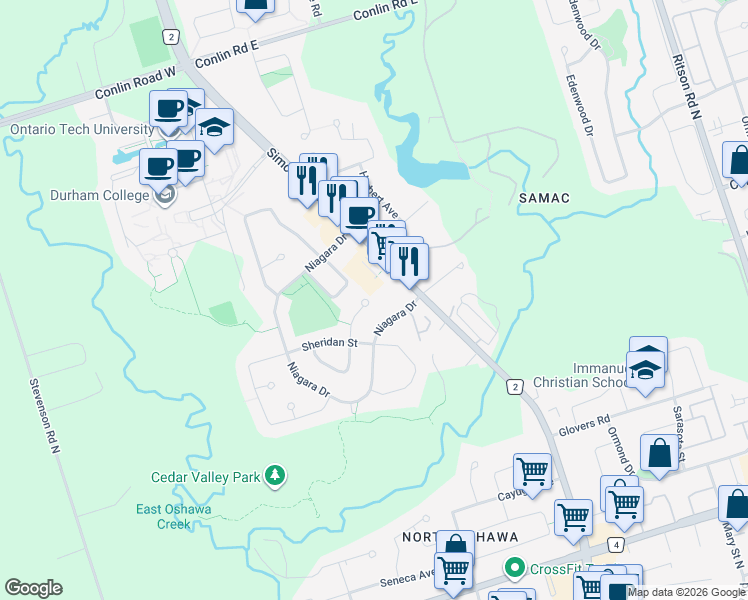 map of restaurants, bars, coffee shops, grocery stores, and more near 1793 McGill Court in Oshawa