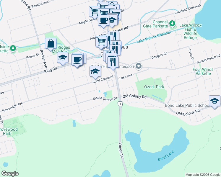 map of restaurants, bars, coffee shops, grocery stores, and more near in Richmond Hill