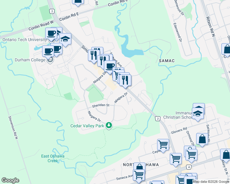 map of restaurants, bars, coffee shops, grocery stores, and more near 1793 McGill Court in Oshawa