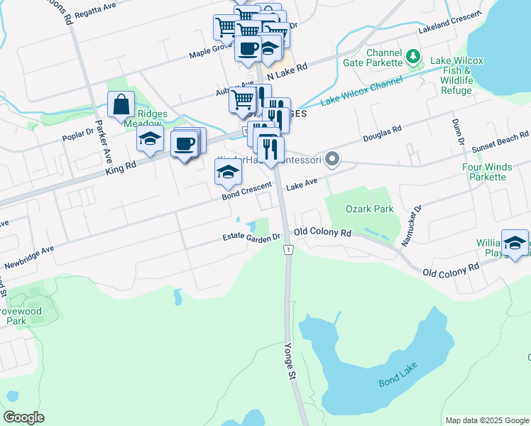 map of restaurants, bars, coffee shops, grocery stores, and more near 7 Phelps Lane in Richmond Hill