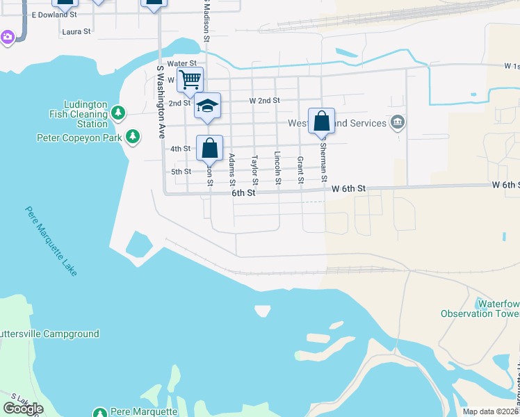 map of restaurants, bars, coffee shops, grocery stores, and more near 509 7th Street in Ludington