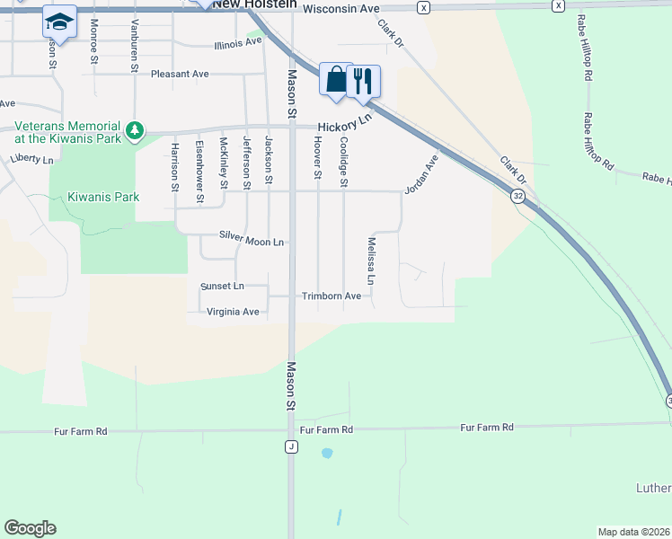 map of restaurants, bars, coffee shops, grocery stores, and more near 1509A Coolidge Street in New Holstein