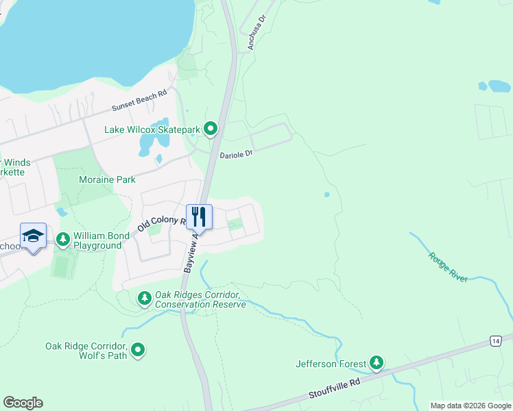 map of restaurants, bars, coffee shops, grocery stores, and more near 97 Maroon Drive in Richmond Hill