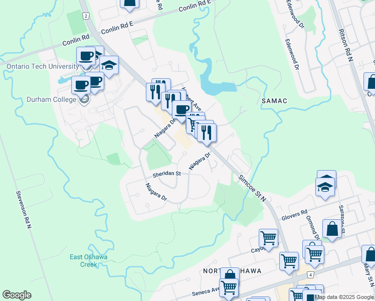 map of restaurants, bars, coffee shops, grocery stores, and more near 1800 McGill Court in Oshawa