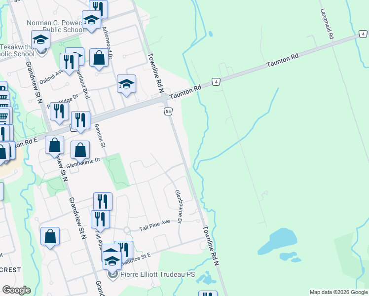 map of restaurants, bars, coffee shops, grocery stores, and more near 1283 Townline Road North in Oshawa
