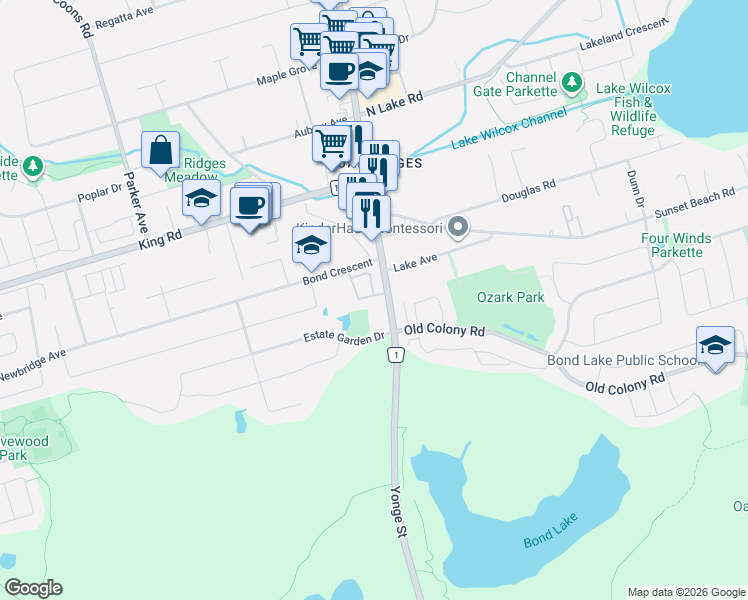 map of restaurants, bars, coffee shops, grocery stores, and more near 9 Phelps Lane in Richmond Hill