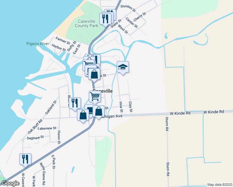 map of restaurants, bars, coffee shops, grocery stores, and more near 6720 Elm Street in Caseville