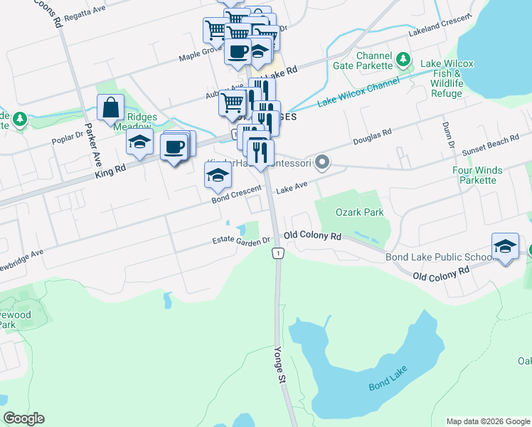 map of restaurants, bars, coffee shops, grocery stores, and more near 9 Phelps Lane in Richmond Hill