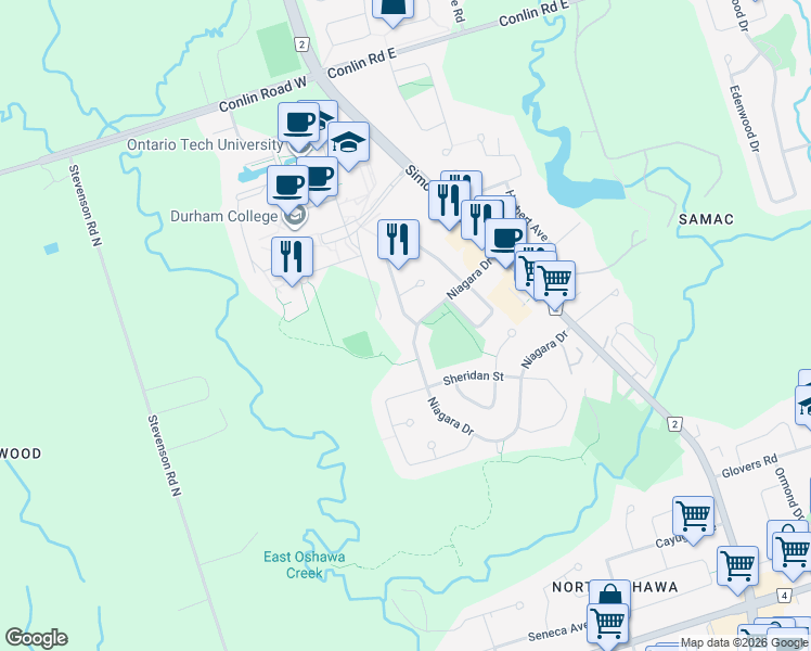 map of restaurants, bars, coffee shops, grocery stores, and more near 1971 Dalhousie Crescent in Oshawa