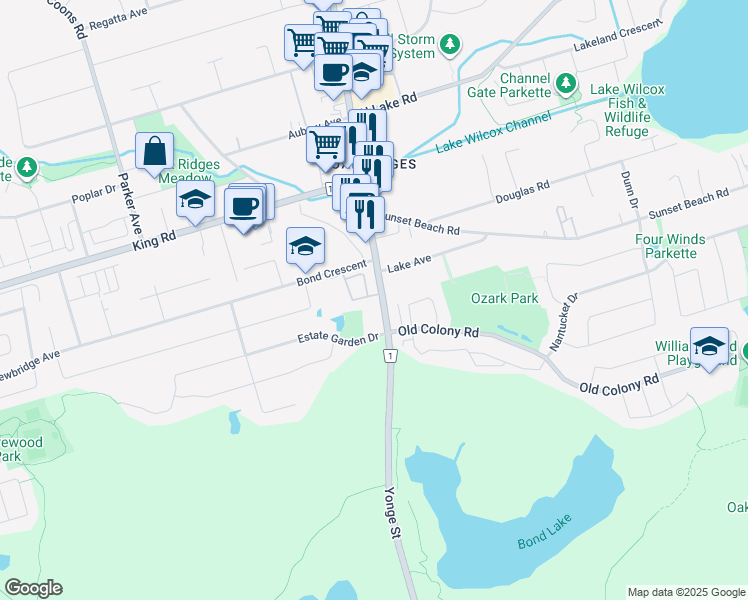 map of restaurants, bars, coffee shops, grocery stores, and more near 9 Phelps Lane in Richmond Hill