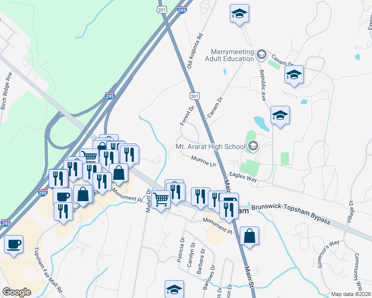 map of restaurants, bars, coffee shops, grocery stores, and more near 50 Munroe Lane in Topsham