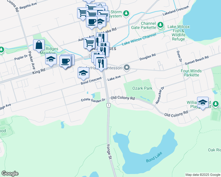 map of restaurants, bars, coffee shops, grocery stores, and more near 10 Old Colony Road in Richmond Hill