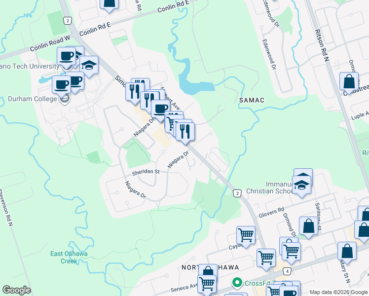map of restaurants, bars, coffee shops, grocery stores, and more near 1700 Simcoe Street North in Oshawa