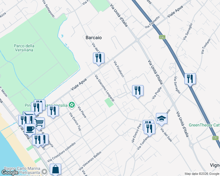map of restaurants, bars, coffee shops, grocery stores, and more near 30 Via Nicolò Paganini in Marina di Pietrasanta