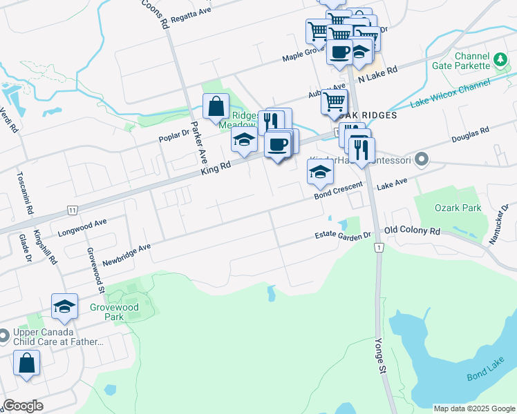map of restaurants, bars, coffee shops, grocery stores, and more near 48 Bond Crescent in Richmond Hill