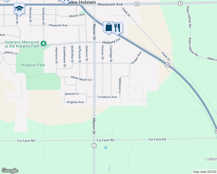 map of restaurants, bars, coffee shops, grocery stores, and more near 1509A Coolidge Street in New Holstein