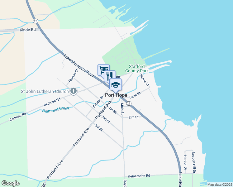 map of restaurants, bars, coffee shops, grocery stores, and more near Michigan 25 in Port Hope