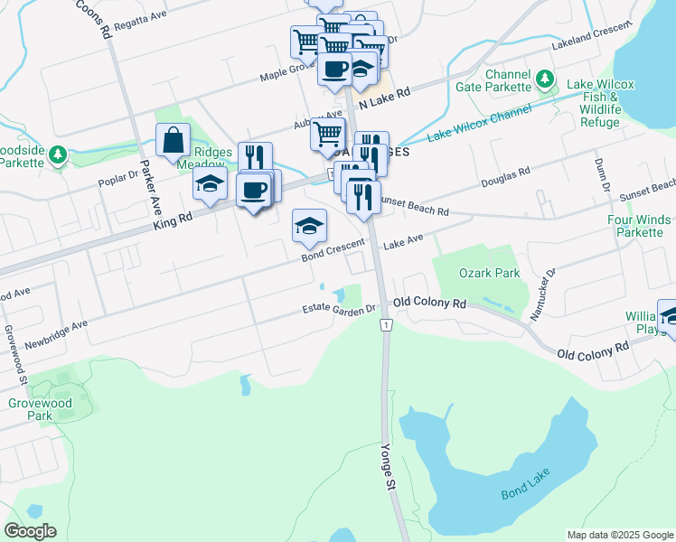 map of restaurants, bars, coffee shops, grocery stores, and more near 7 Bond Crescent in Richmond Hill