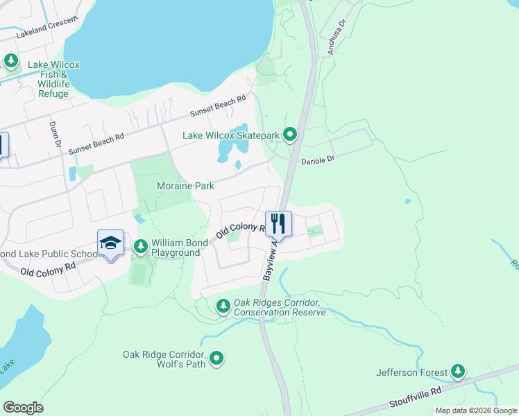 map of restaurants, bars, coffee shops, grocery stores, and more near Aubergine Street in Richmond Hill