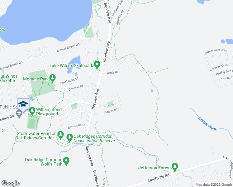 map of restaurants, bars, coffee shops, grocery stores, and more near 107 Maroon Drive in Richmond Hill