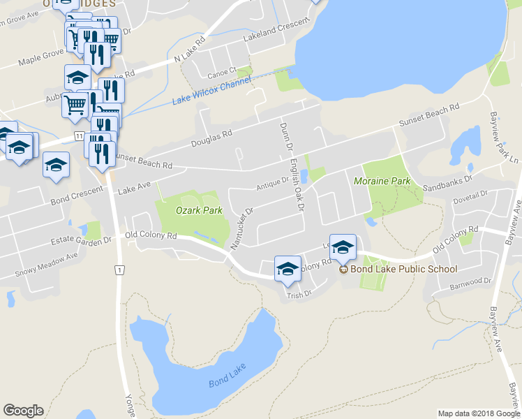 map of restaurants, bars, coffee shops, grocery stores, and more near 49 Nantucket Drive in Richmond Hill