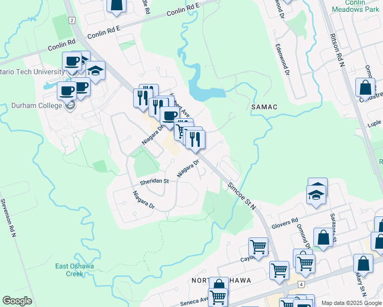 map of restaurants, bars, coffee shops, grocery stores, and more near 1700 Simcoe Street North in Oshawa