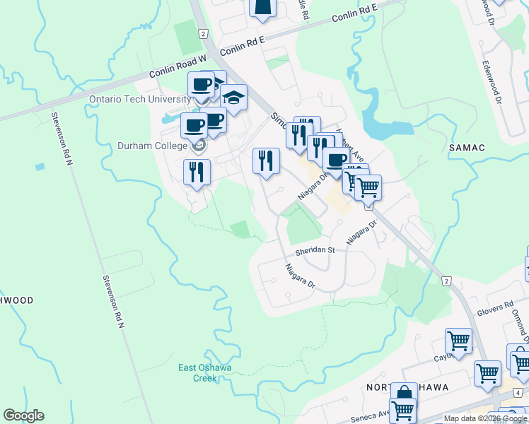 map of restaurants, bars, coffee shops, grocery stores, and more near 1971 Dalhousie Crescent in Oshawa