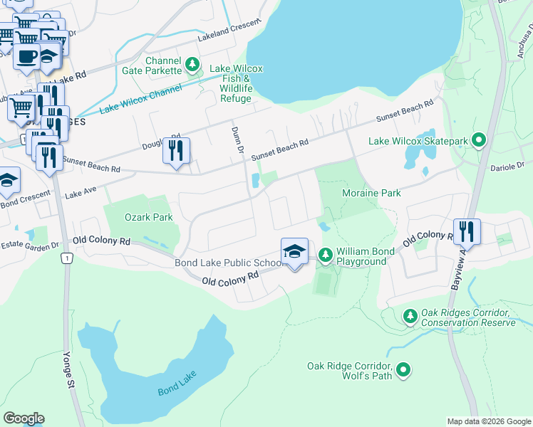 map of restaurants, bars, coffee shops, grocery stores, and more near 20 Bel Canto Crescent in Richmond Hill