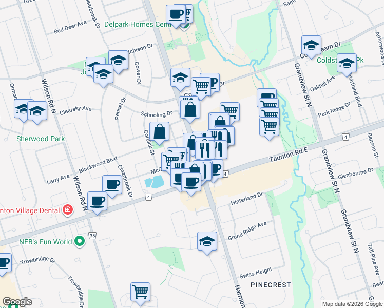 map of restaurants, bars, coffee shops, grocery stores, and more near 1411 Coral Springs Path in Oshawa