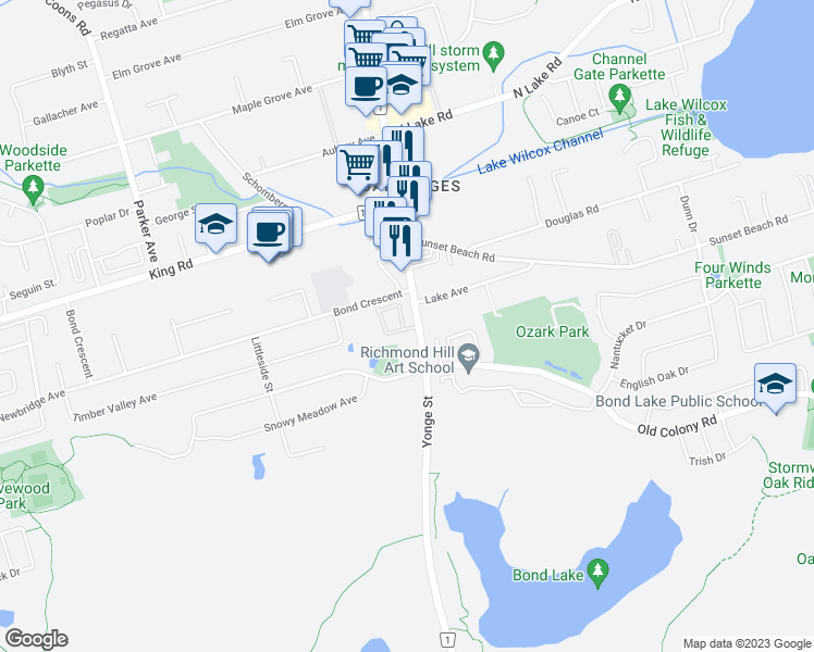 map of restaurants, bars, coffee shops, grocery stores, and more near 12860 Yonge Street in Richmond Hill
