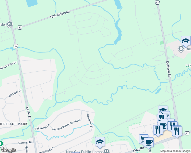 map of restaurants, bars, coffee shops, grocery stores, and more near 24 Sunny Acre Crescent in King City