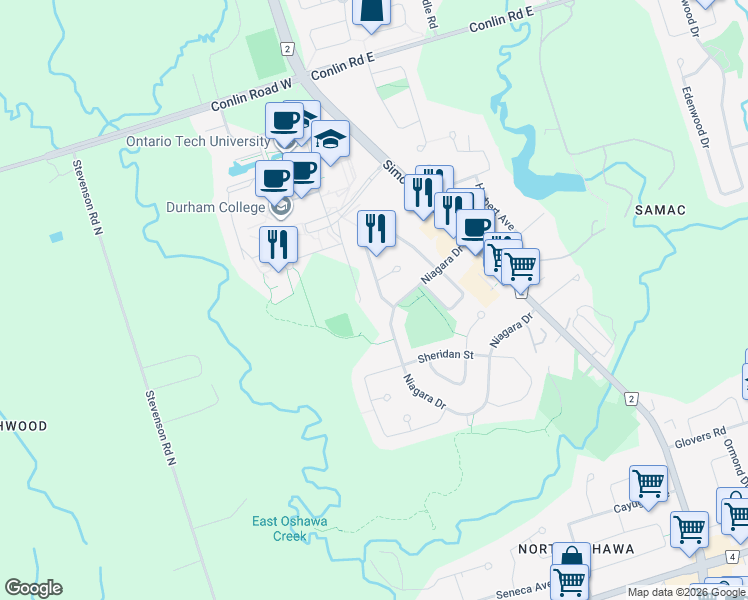 map of restaurants, bars, coffee shops, grocery stores, and more near 1959 Dalhousie Crescent in Oshawa
