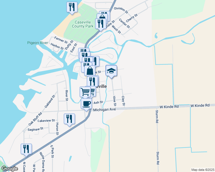 map of restaurants, bars, coffee shops, grocery stores, and more near 6720 Elm Street in Caseville