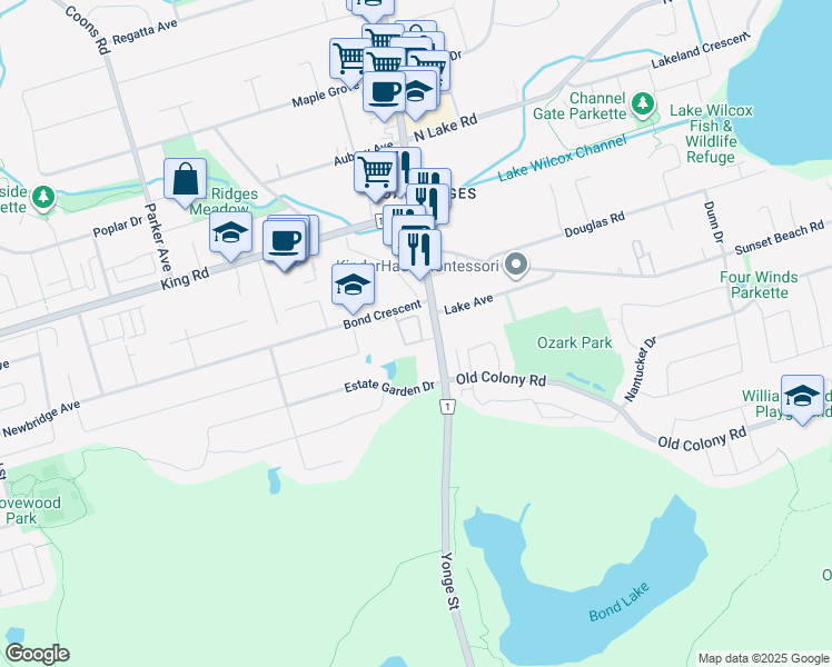 map of restaurants, bars, coffee shops, grocery stores, and more near in Richmond Hill