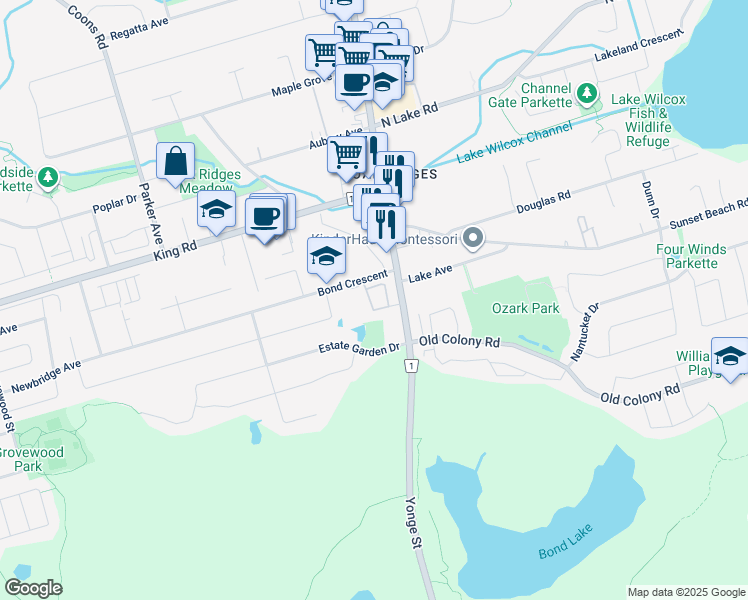 map of restaurants, bars, coffee shops, grocery stores, and more near in Richmond Hill