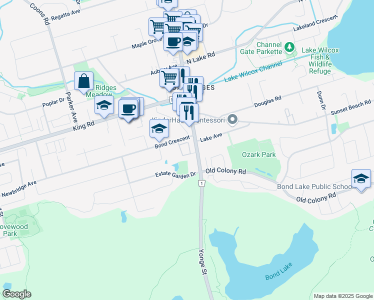 map of restaurants, bars, coffee shops, grocery stores, and more near 12860 Yonge Street in Richmond Hill