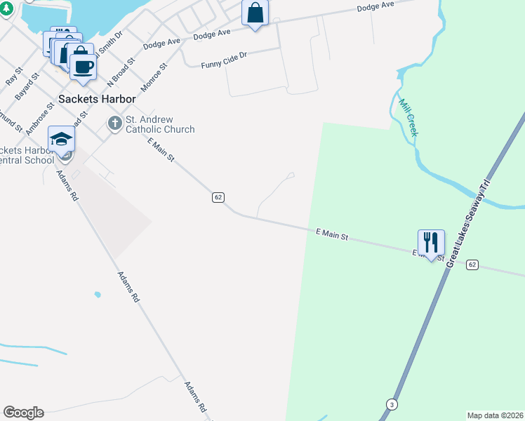 map of restaurants, bars, coffee shops, grocery stores, and more near 104 MillCreek Lane in Sackets Harbor