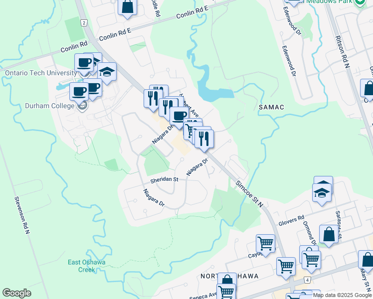 map of restaurants, bars, coffee shops, grocery stores, and more near 1800 McGill Court in Oshawa