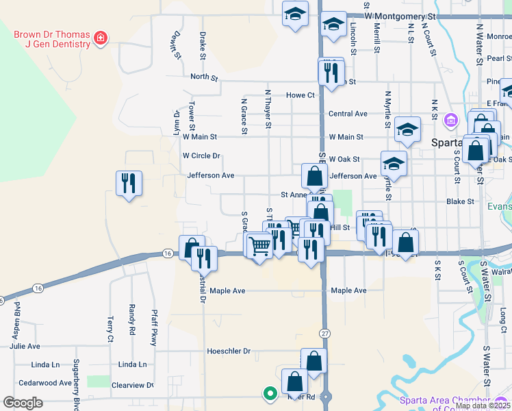 map of restaurants, bars, coffee shops, grocery stores, and more near 1003 Saint Anne Street in Sparta